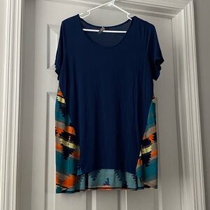 Navy Short-Sleeve Tunic with Teal & Orange Southwestern Panels